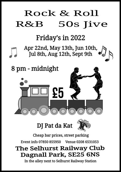 Rock and Roll Dance flyer for Selhurst Railway Club with DJ Pat Da Kat